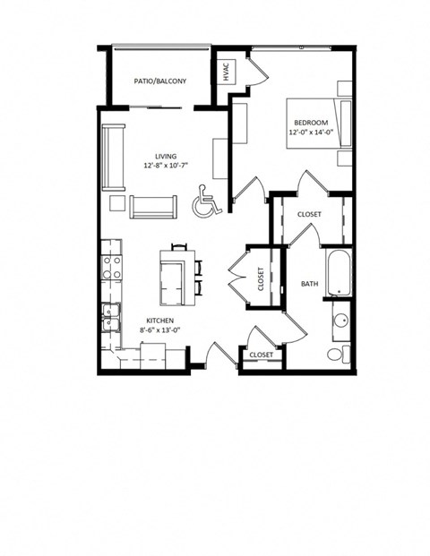 1 Bedroom A2 ADA Floor Plan at Two Points Crossing, Madison, WI